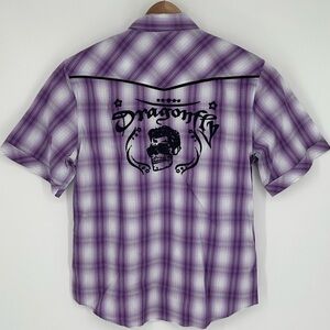 NWT DRAGONFLY Mens Sz XL Short Sleeve Skull Embroidery Purple Plaid R8